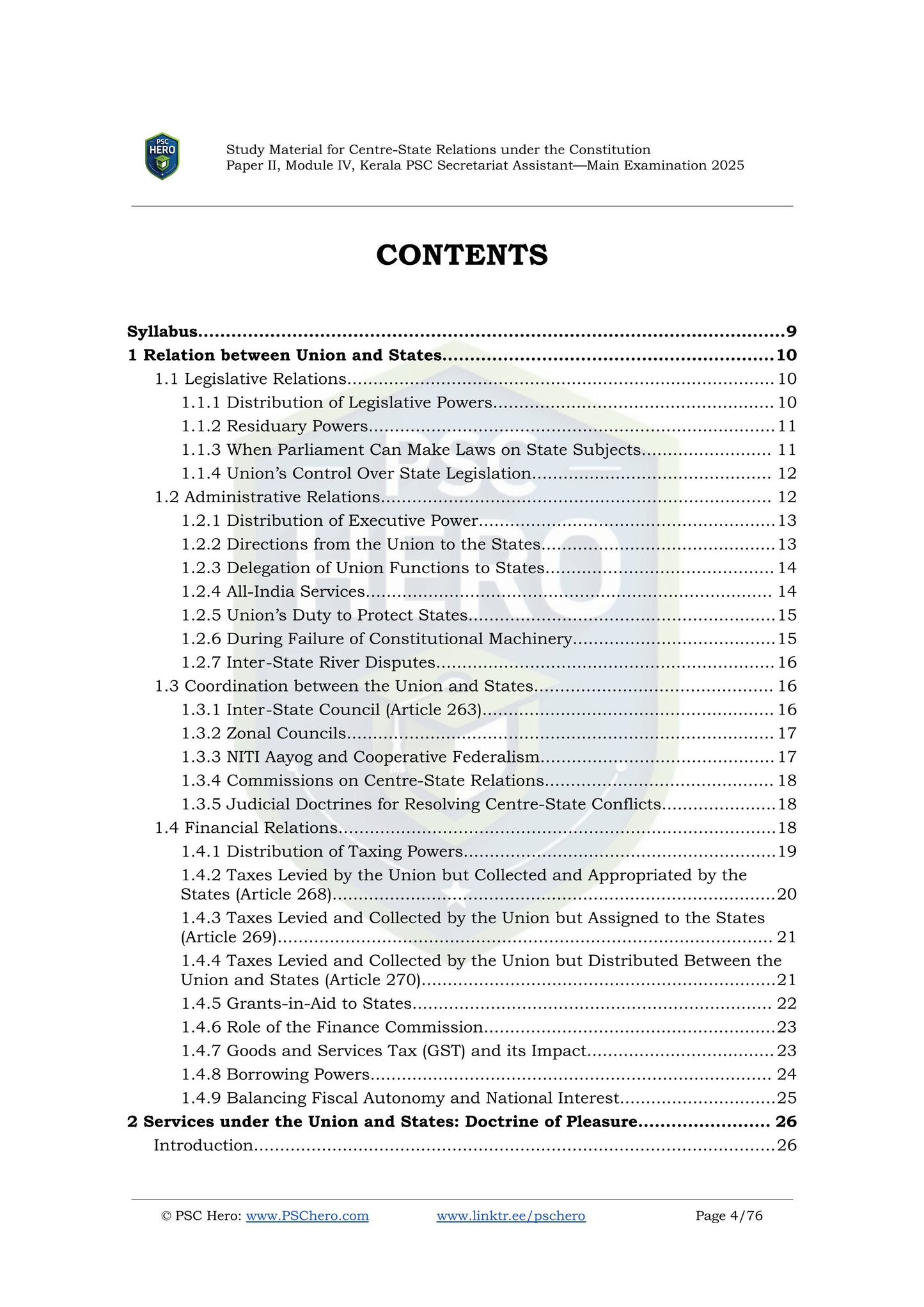 Centre State Relations - PSC Hero - Secretariat Assistant Mains Short Notes Study Material