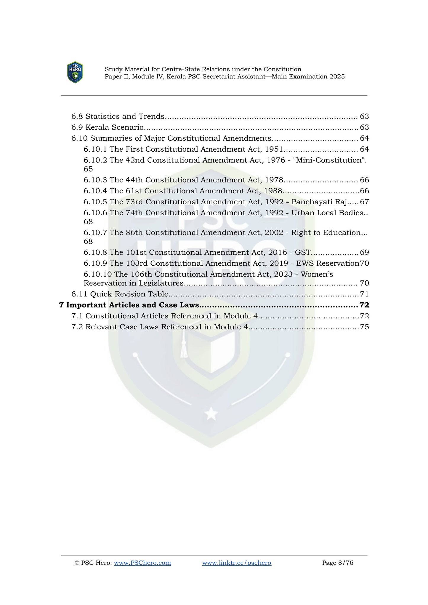 Centre State Relations - PSC Hero - Secretariat Assistant Mains Short Notes Study Material