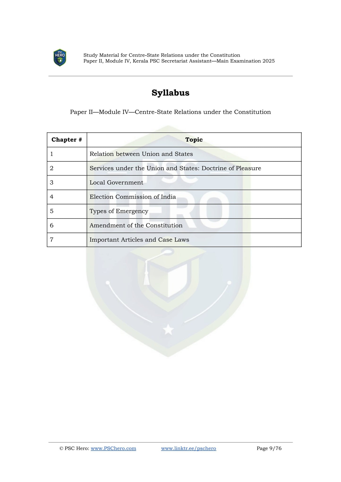 Centre State Relations - PSC Hero - Secretariat Assistant Mains Short Notes Study Material