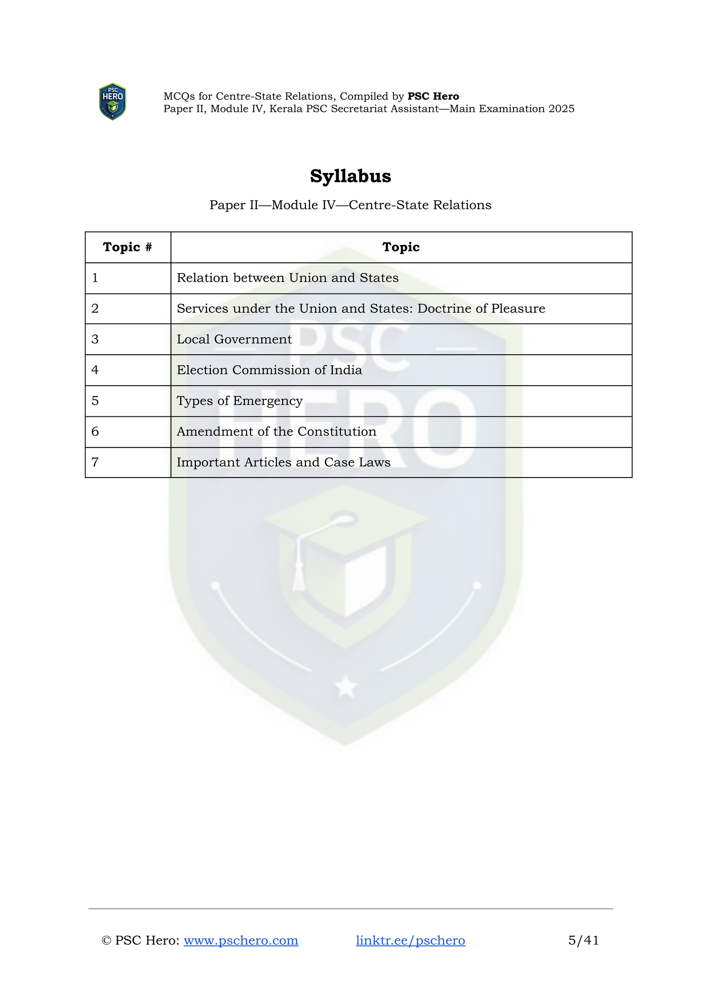 100 MCQs on Centre–State Relations - Kerala PSC Secretariat Assistant Mains | Module 4, Paper II