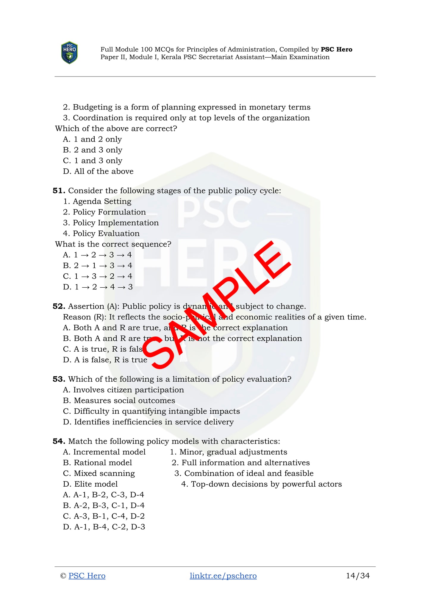 Full Module Mock Test – MCQs with Answers – Principles of Administration – Kerala PSC Secretariat Assistant Mains – Module I, Paper II