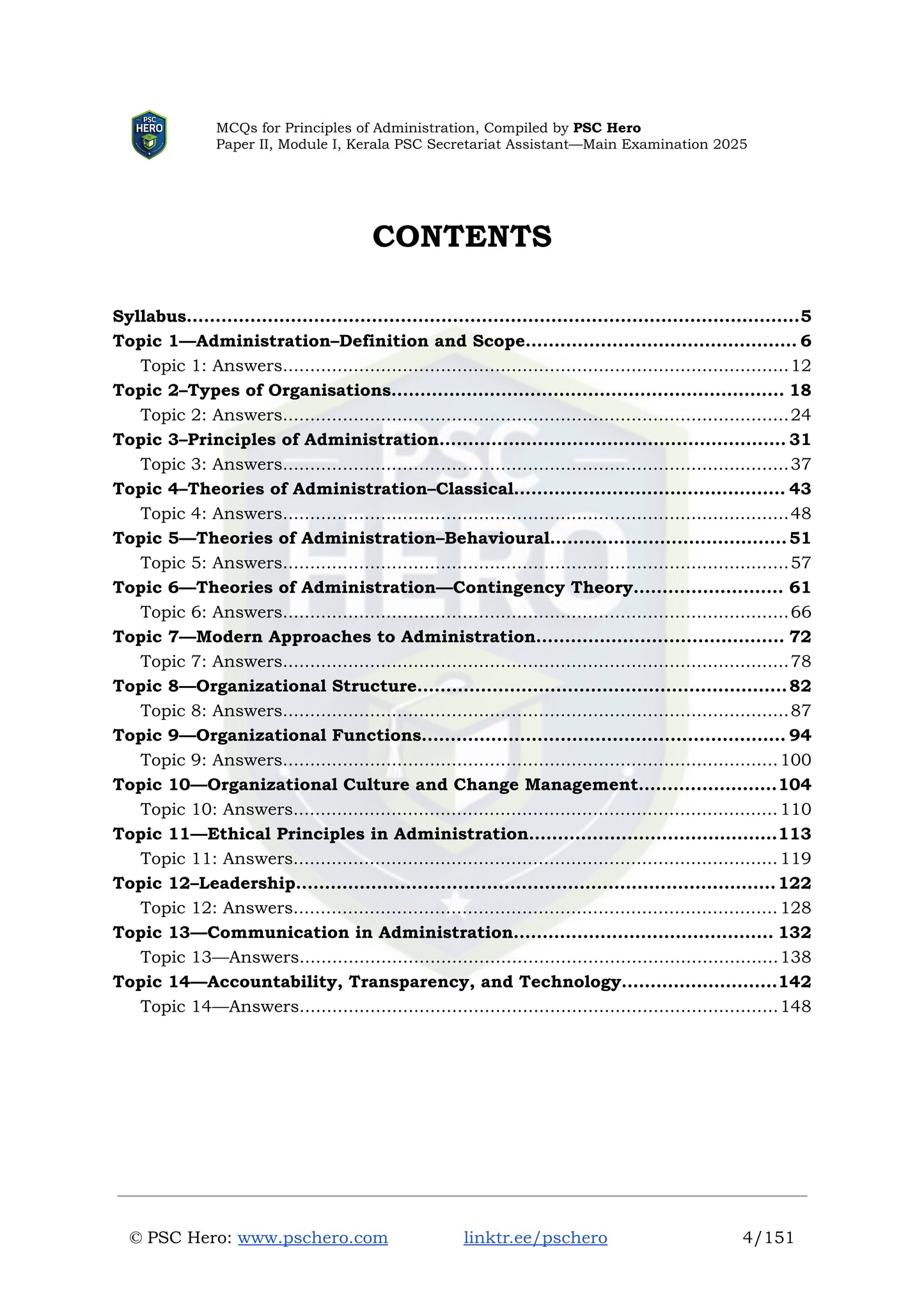 Topic-Wise MCQs with Answers – Principles of Administration – Kerala PSC Secretariat Assistant Mains – Module I, Paper II
