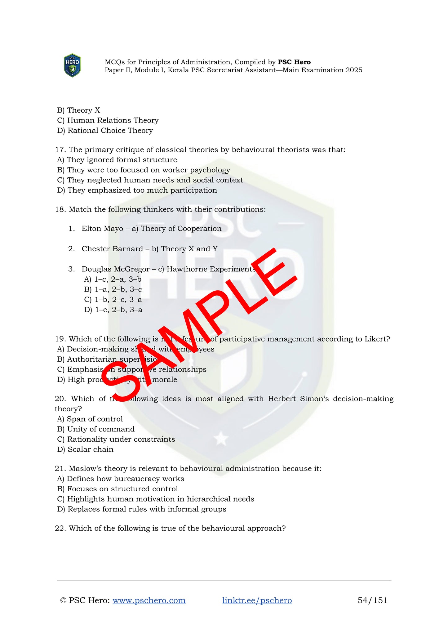 Topic-Wise MCQs with Answers – Principles of Administration – Kerala PSC Secretariat Assistant Mains – Module I, Paper II