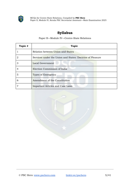 100 MCQs on Centre–State Relations - Kerala PSC Secretariat Assistant Mains | Module 4, Paper II