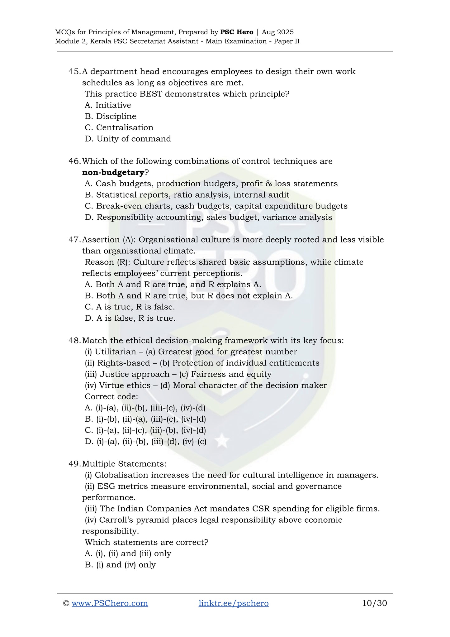 Full Module Mock Test – MCQs with Answers – Principles of Management – Kerala PSC Secretariat Assistant Mains – Module II, Paper II