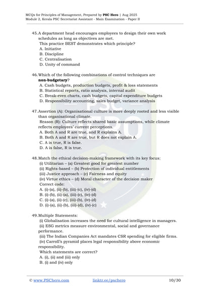 Full Module Mock Test – MCQs with Answers – Principles of Management – Kerala PSC Secretariat Assistant Mains – Module II, Paper II