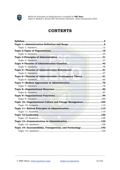 Topic-Wise MCQs with Answers – Principles of Administration – Kerala PSC Secretariat Assistant Mains – Module I, Paper II