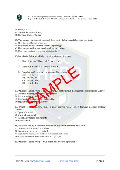 Topic-Wise MCQs with Answers – Principles of Administration – Kerala PSC Secretariat Assistant Mains – Module I, Paper II